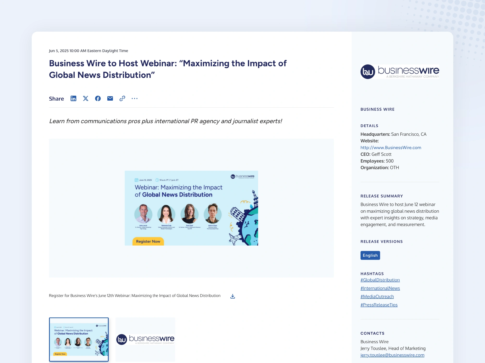 Example of a Business Wire press release that leverages the free, full-color, linkable logo feature