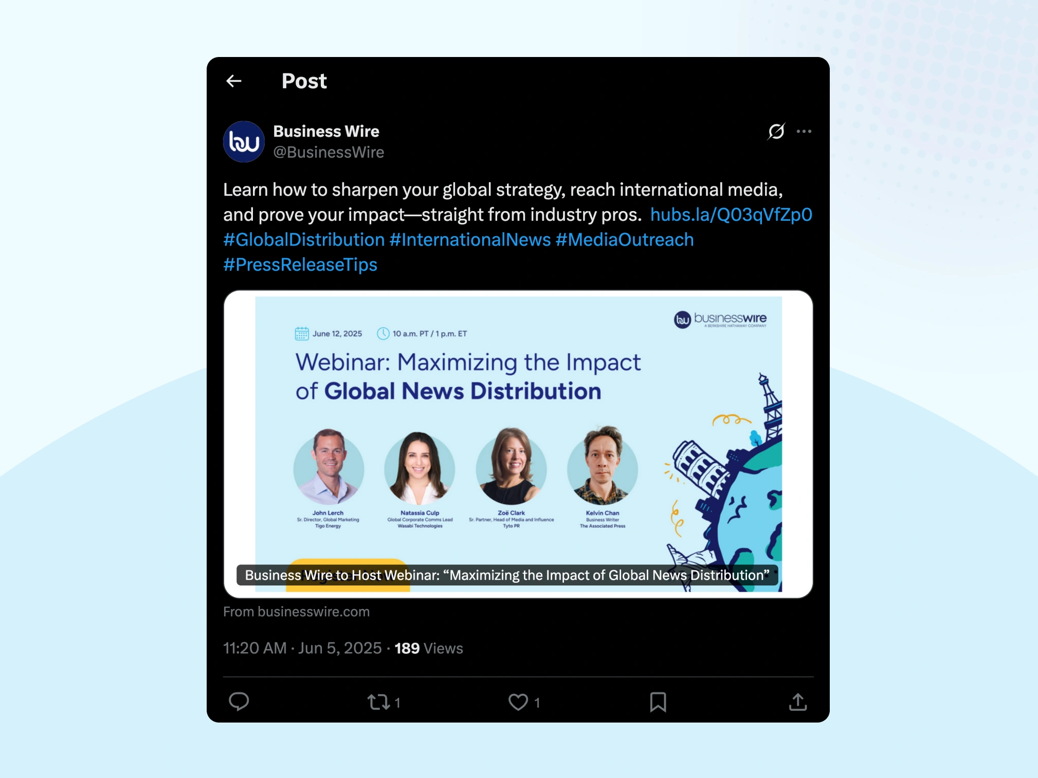 Example of how Business Wire automatically formats Twitter/X cards for easy social sharing