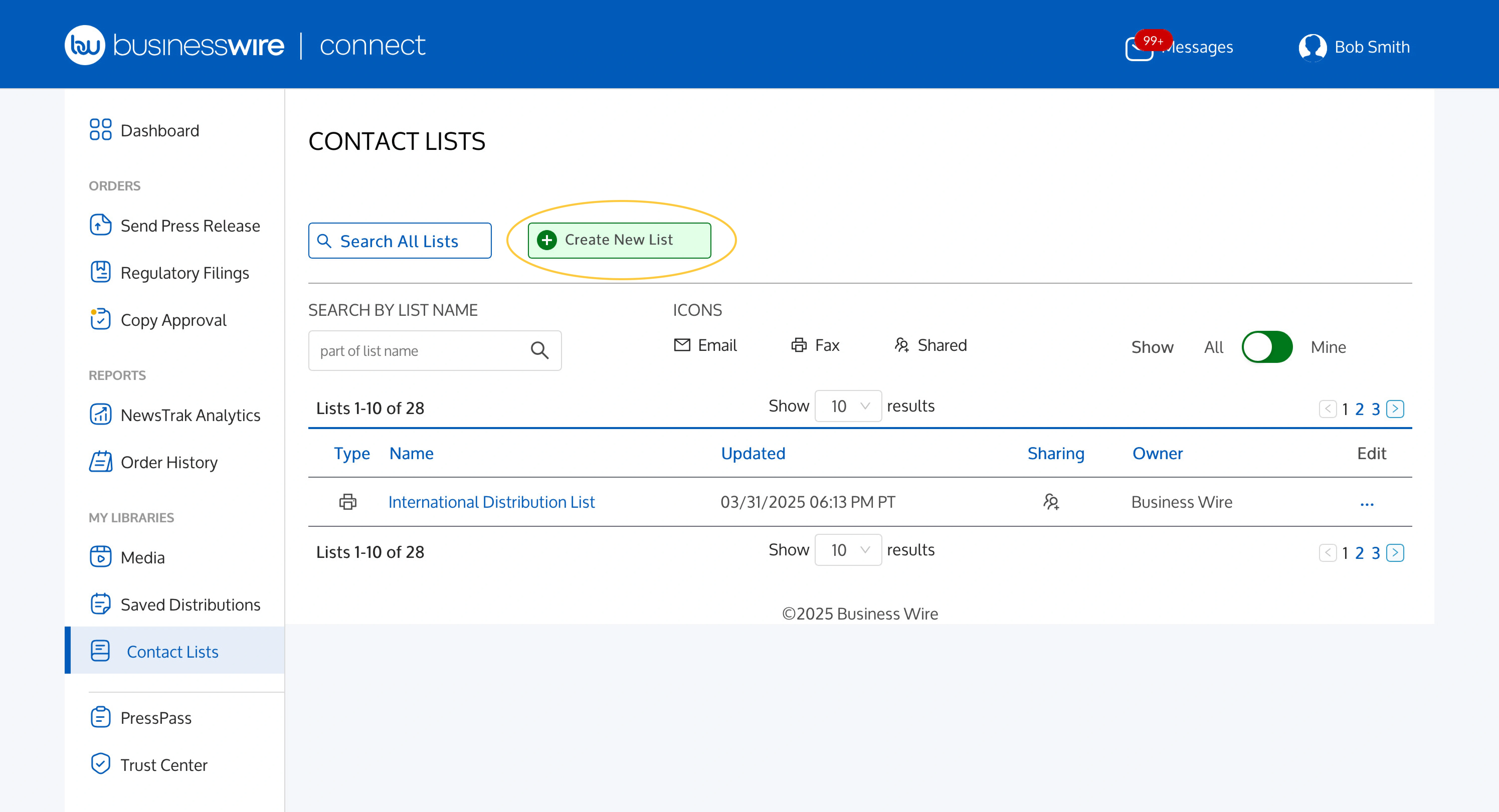 Screenshot of Contact List screen in Business Wire Connect.