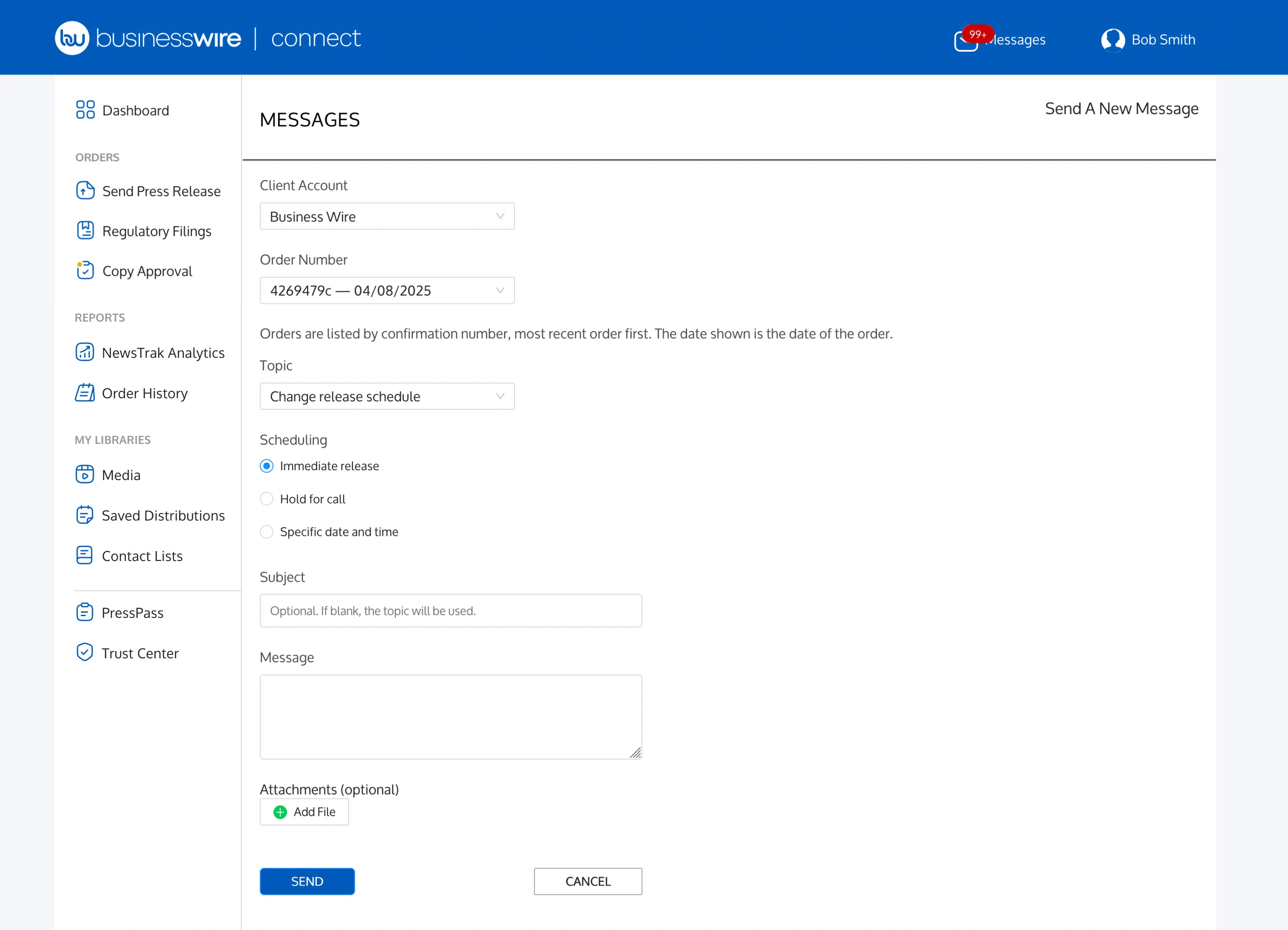 Screenshot of how to send messages to Business Wire in the Business Wire Connect application.