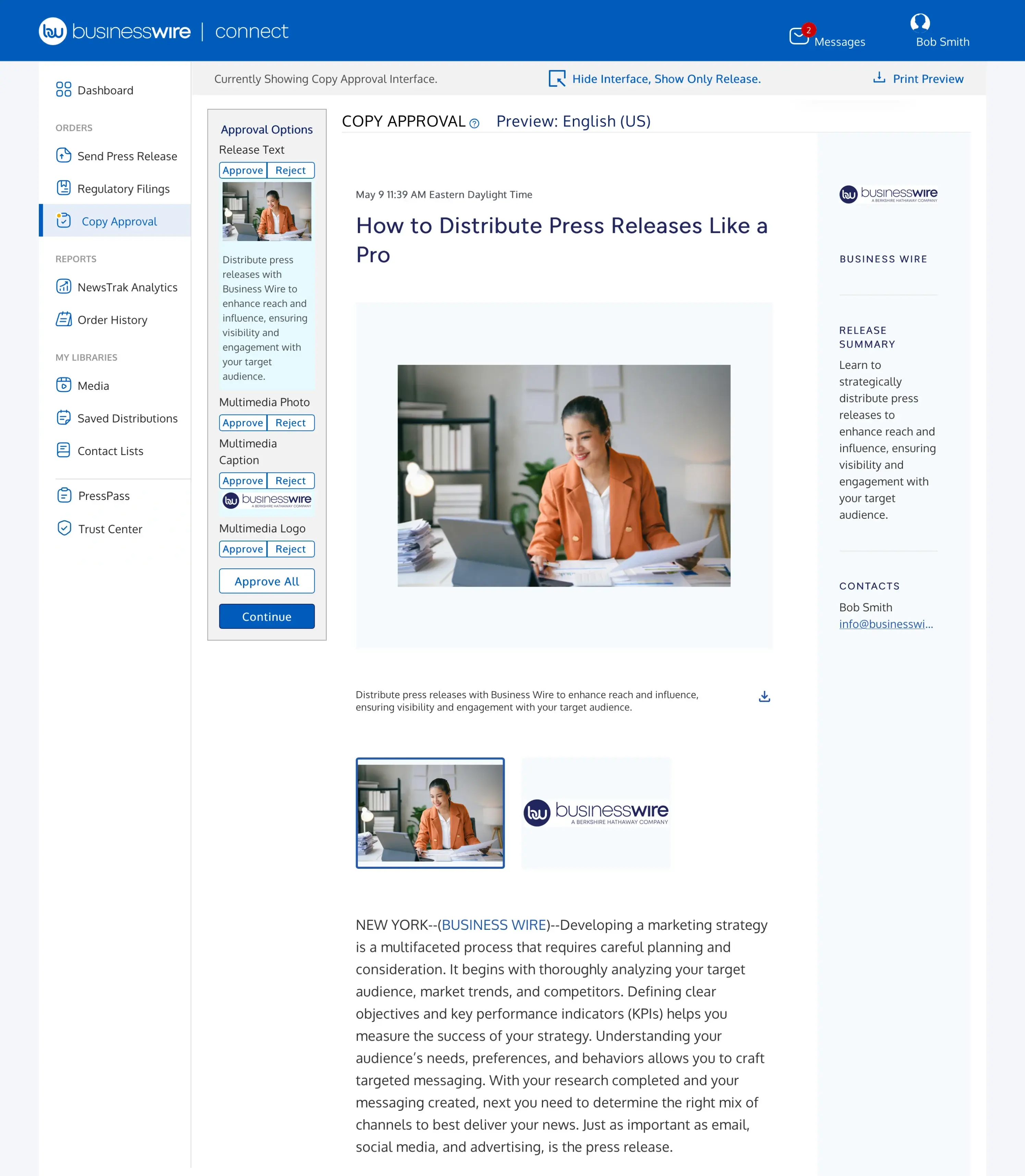 Screenshot of approving releases in the Business Wire Connect application.