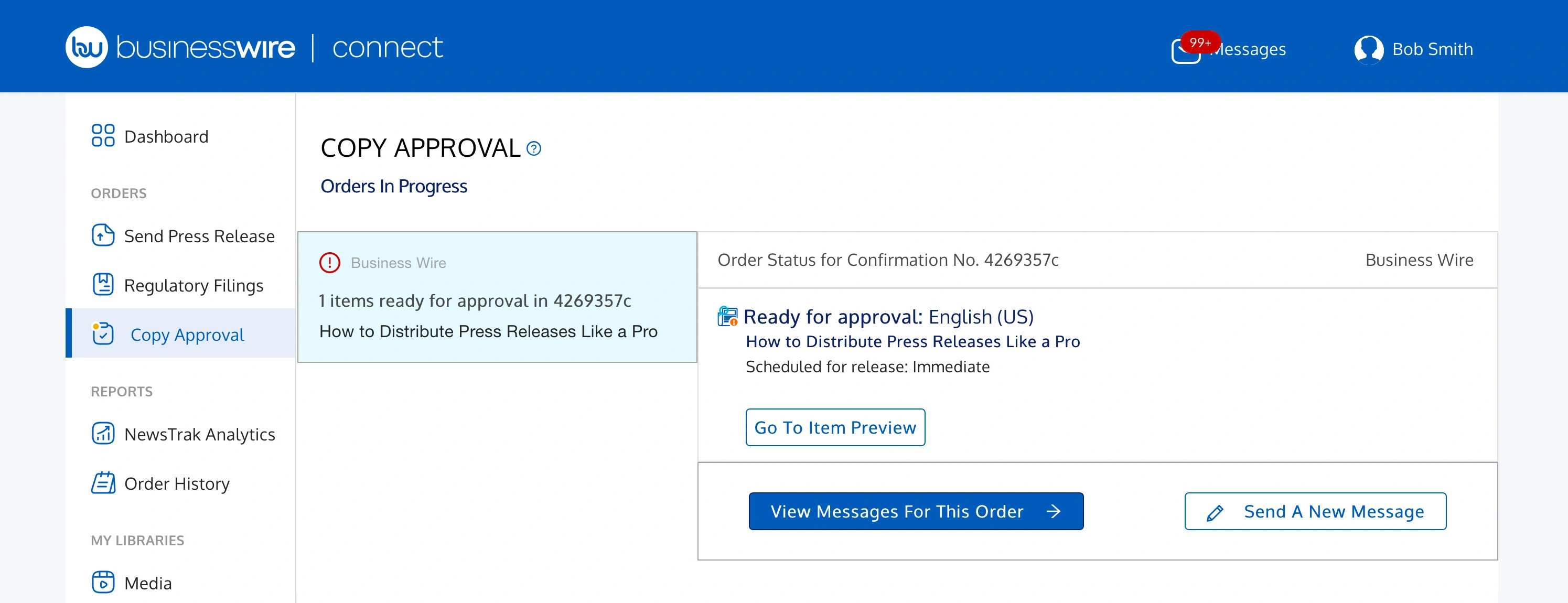 Screenshot of accessing copy approval notifications in the Business Wire Connect application.