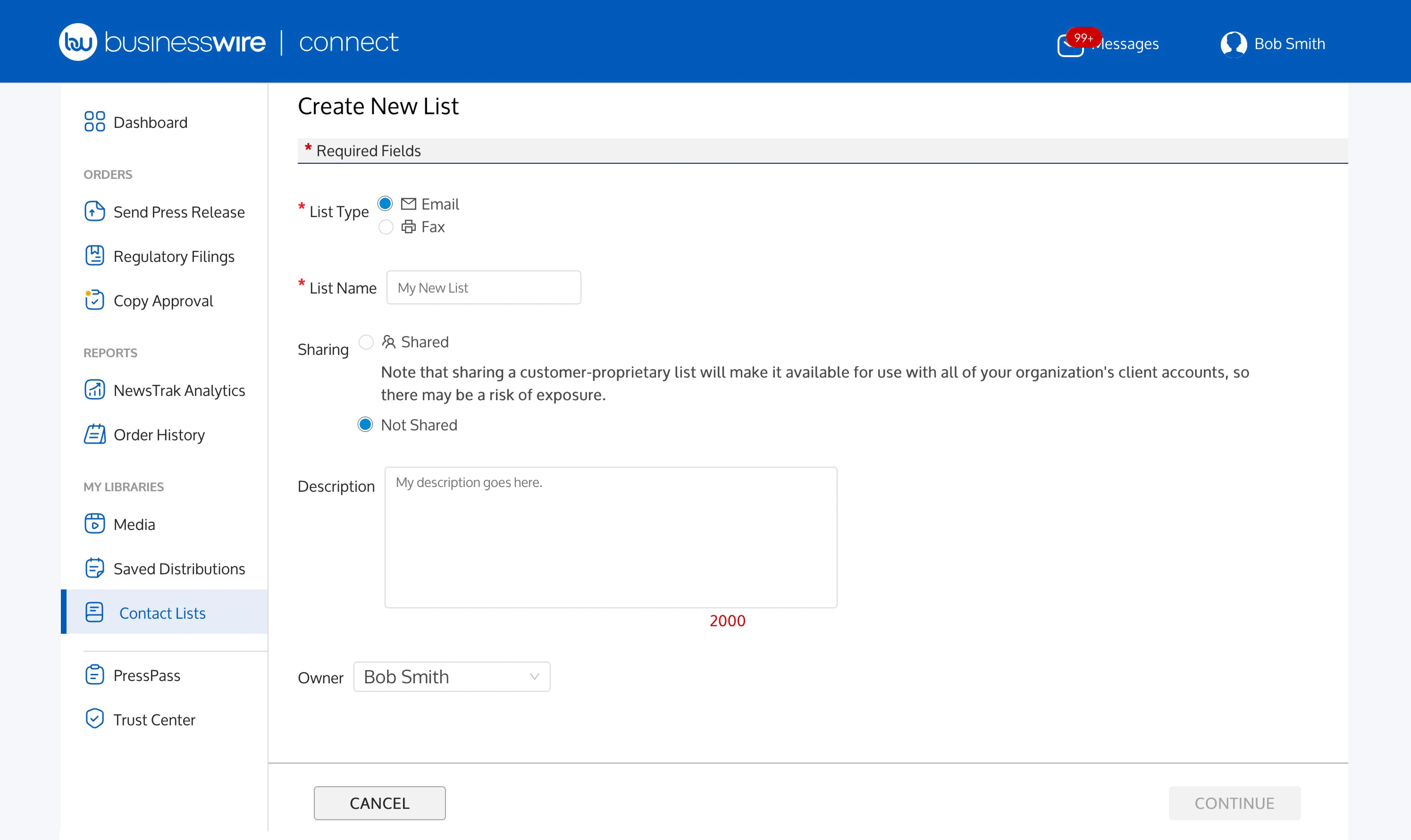 Screenshot showing how to create a new contact list in Business Wire Connect.
