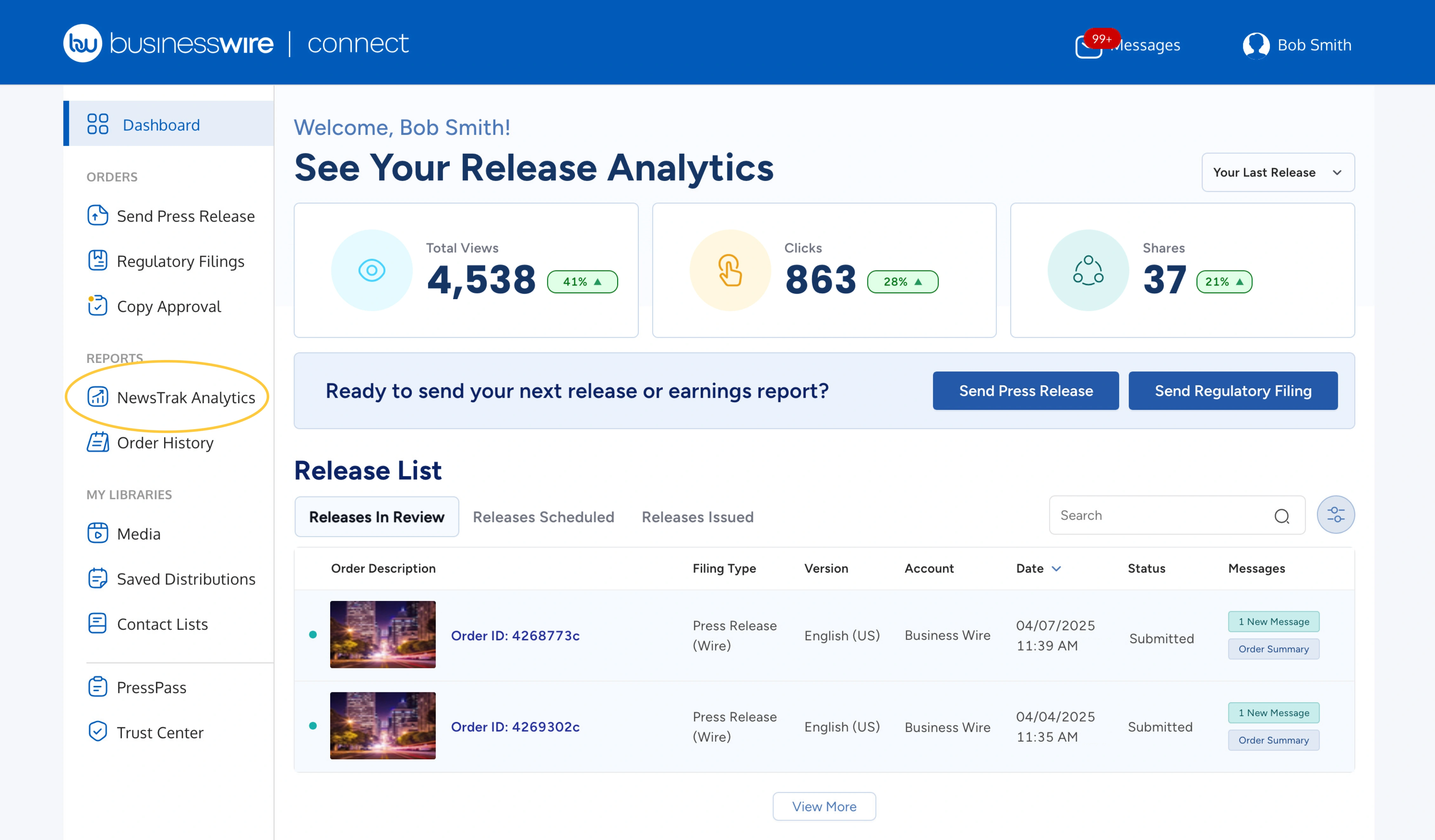 Screenshot of the Business Wire Connect dashboard with the