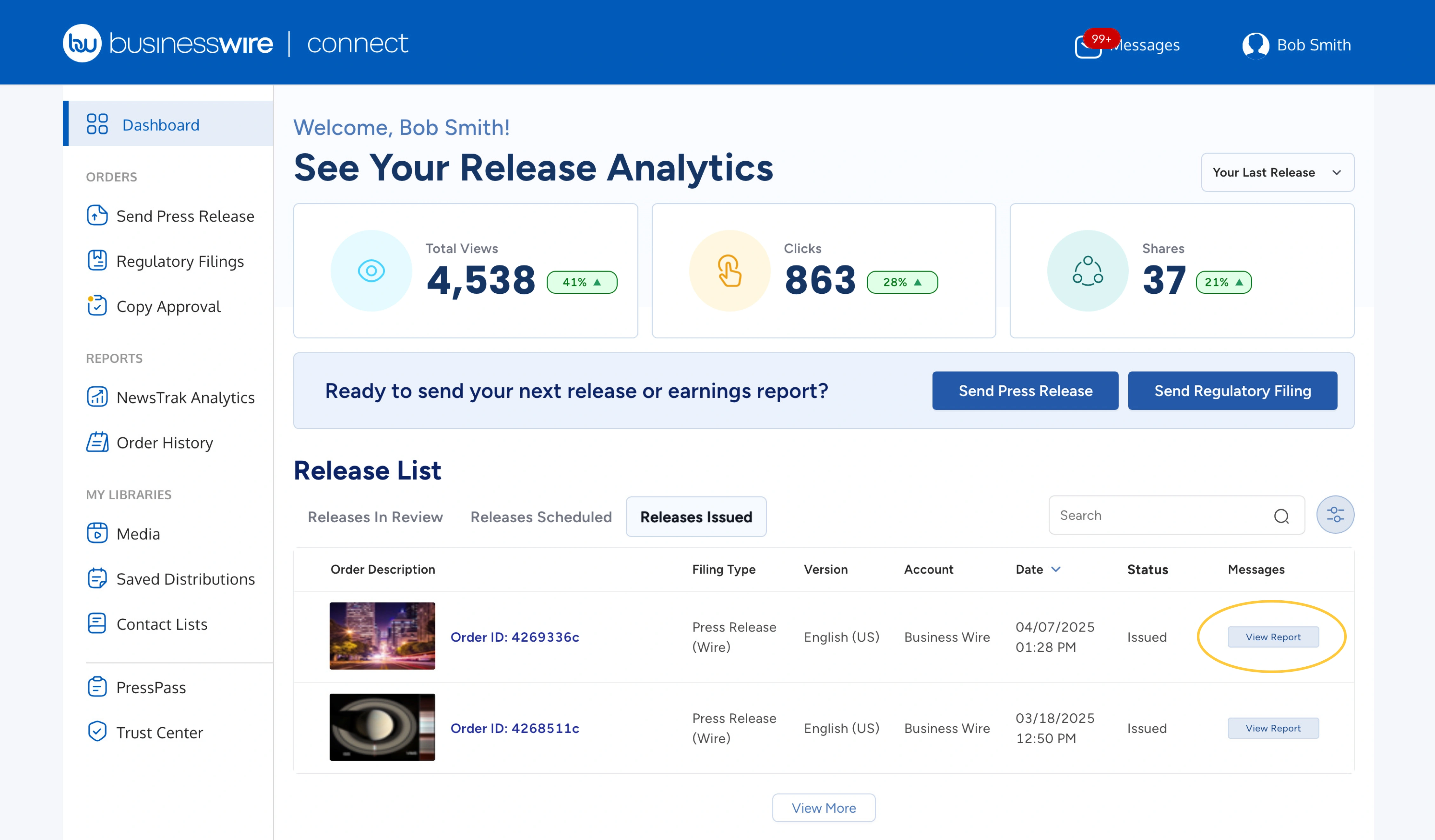Screenshot of the Business Wire Connect dashboard with the View Report button highlighted