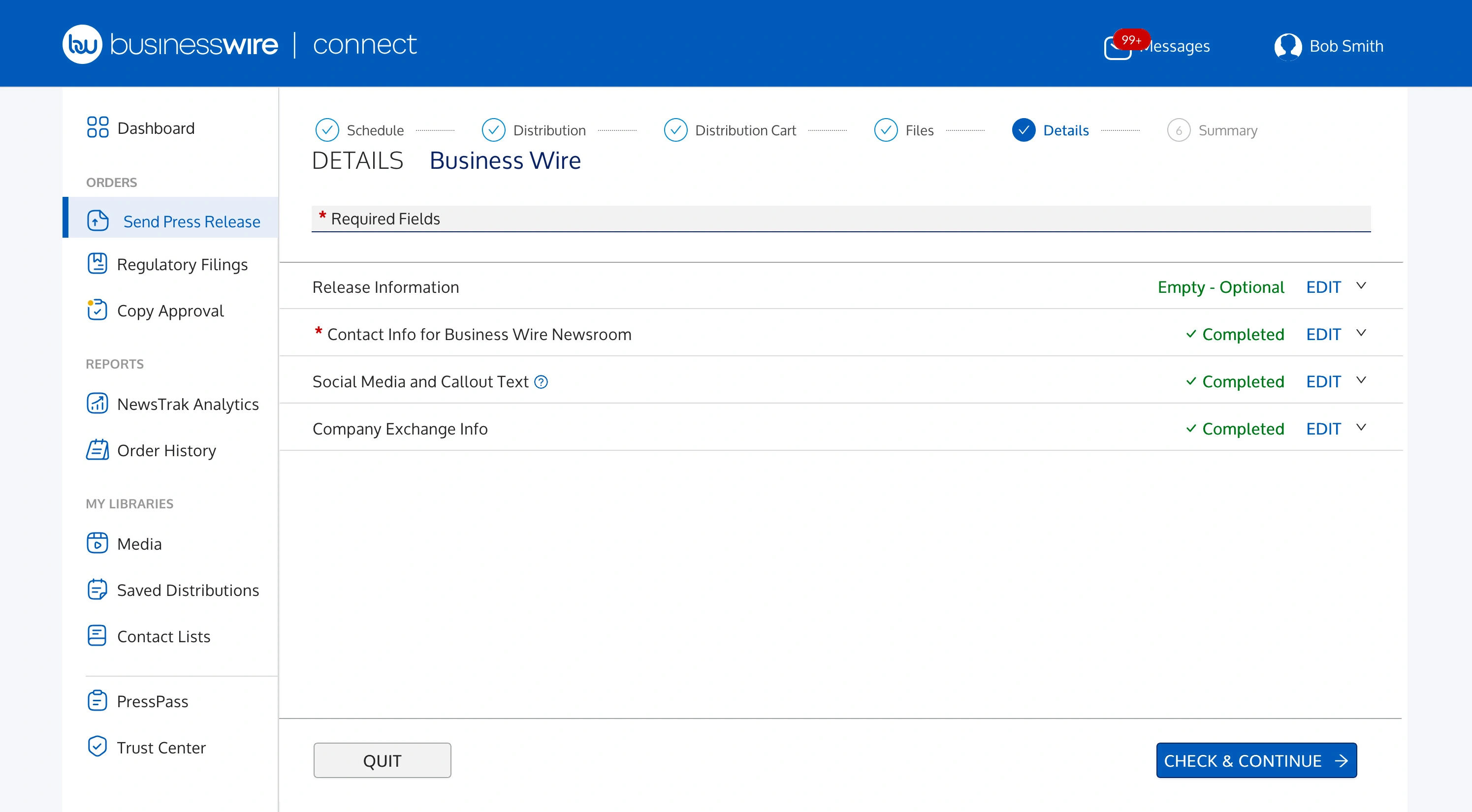 Screenshot of the additional features and information you can add to a Business Wire release in the Business Wire Connect application.