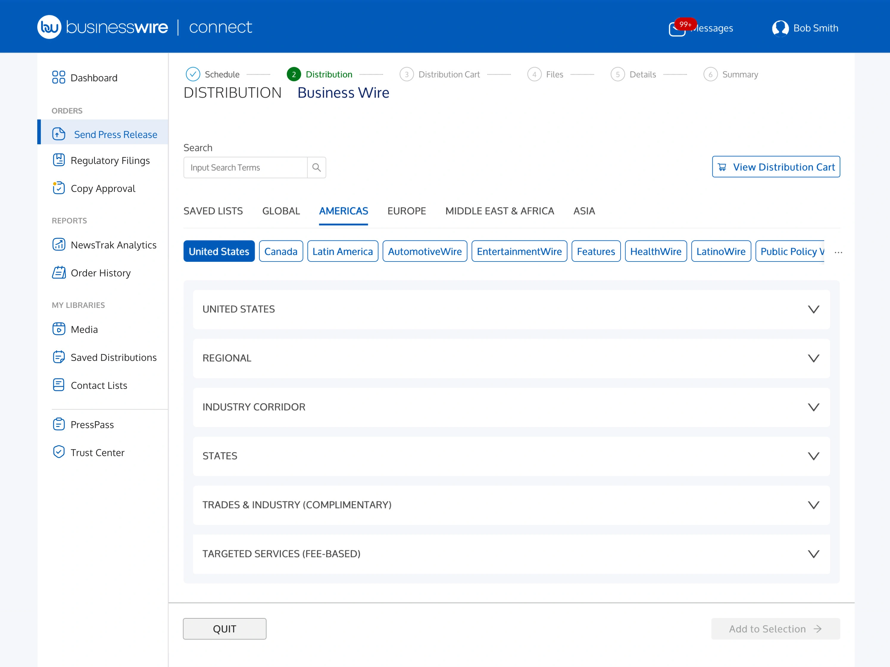 Screenshot of selecting the distribution options for a release in the Business Wire Connect application.