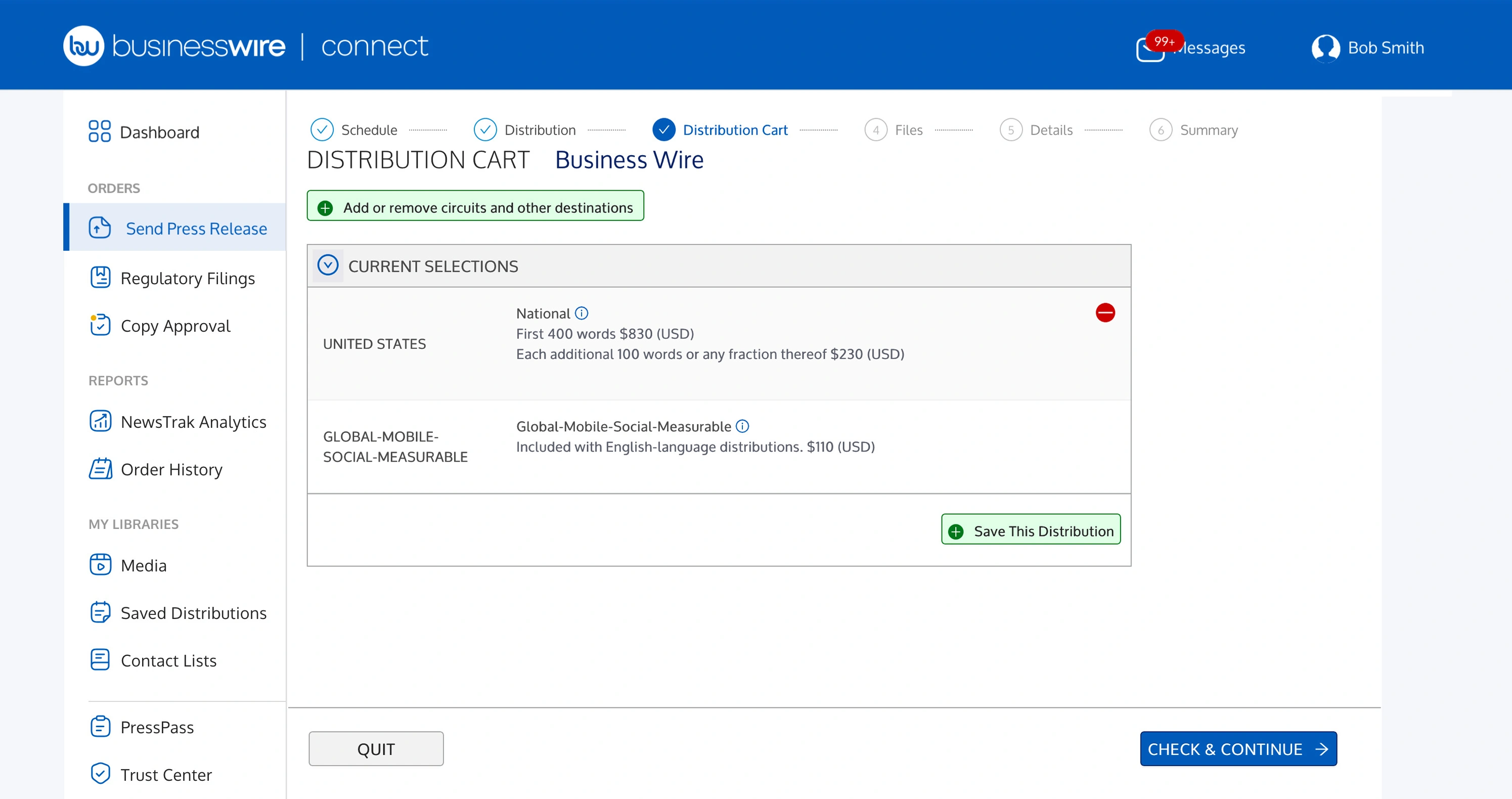 Screenshot of reviewing and approving distribution selections for a release in the Business Wire Connect application.