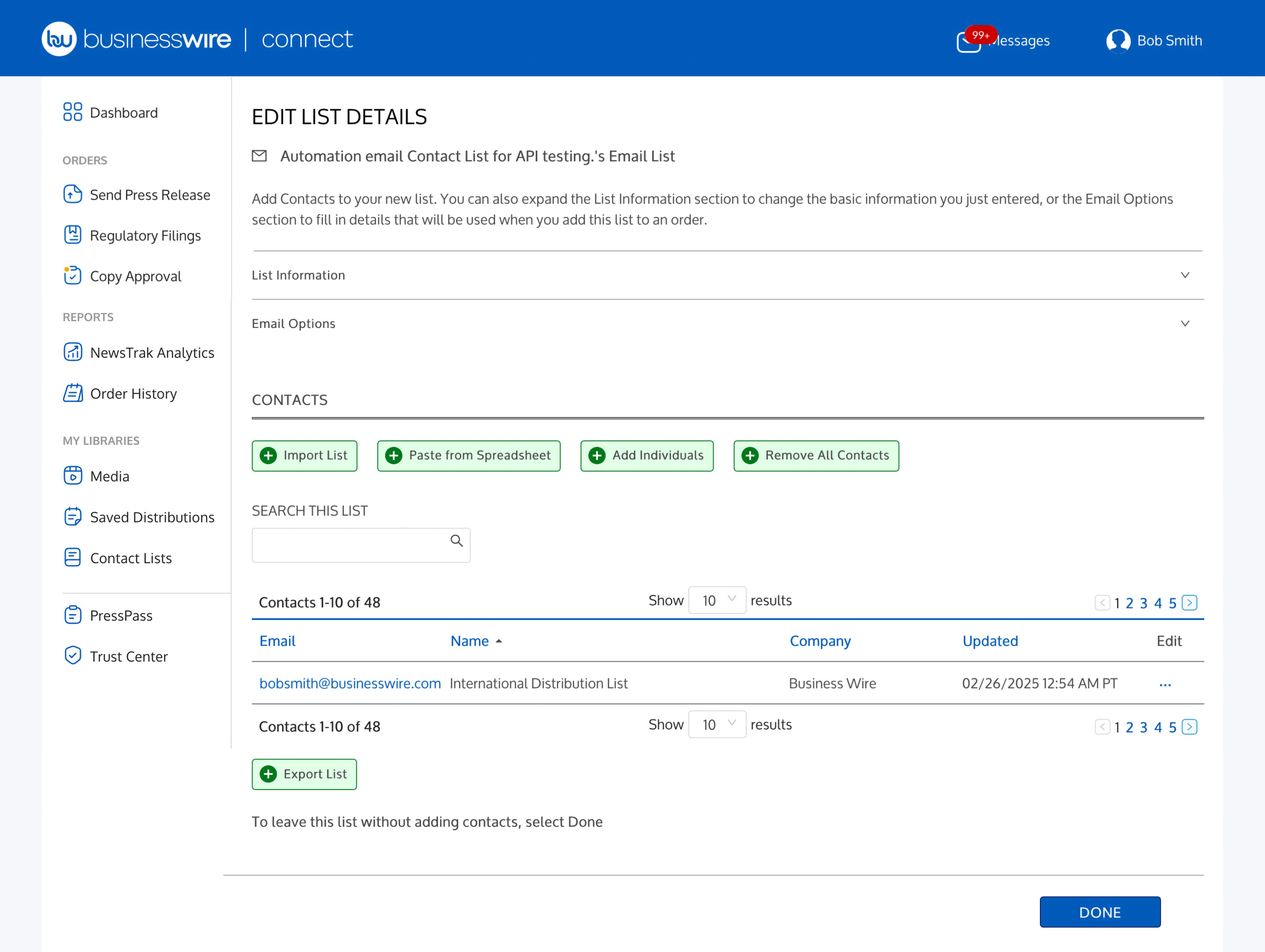 Screenshot showing how to edit an existing contact list in Business Wire Connect.