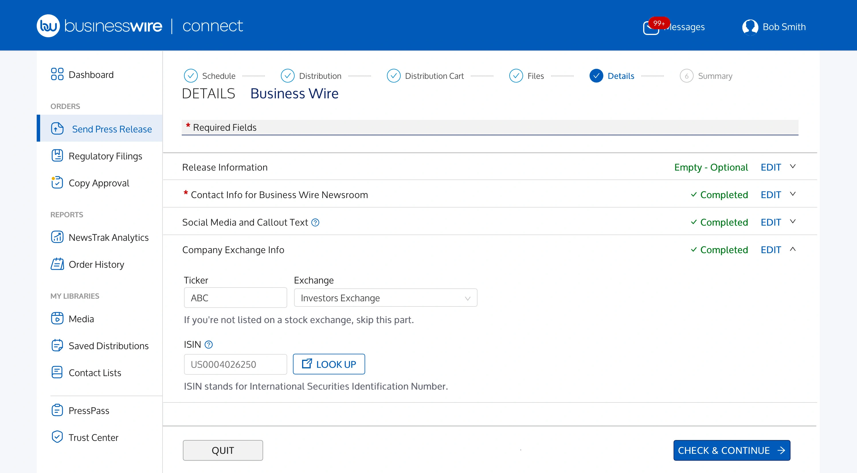Screenshot of adding your ticker, exchange, or ISIN information in the Business Wire Connect application.