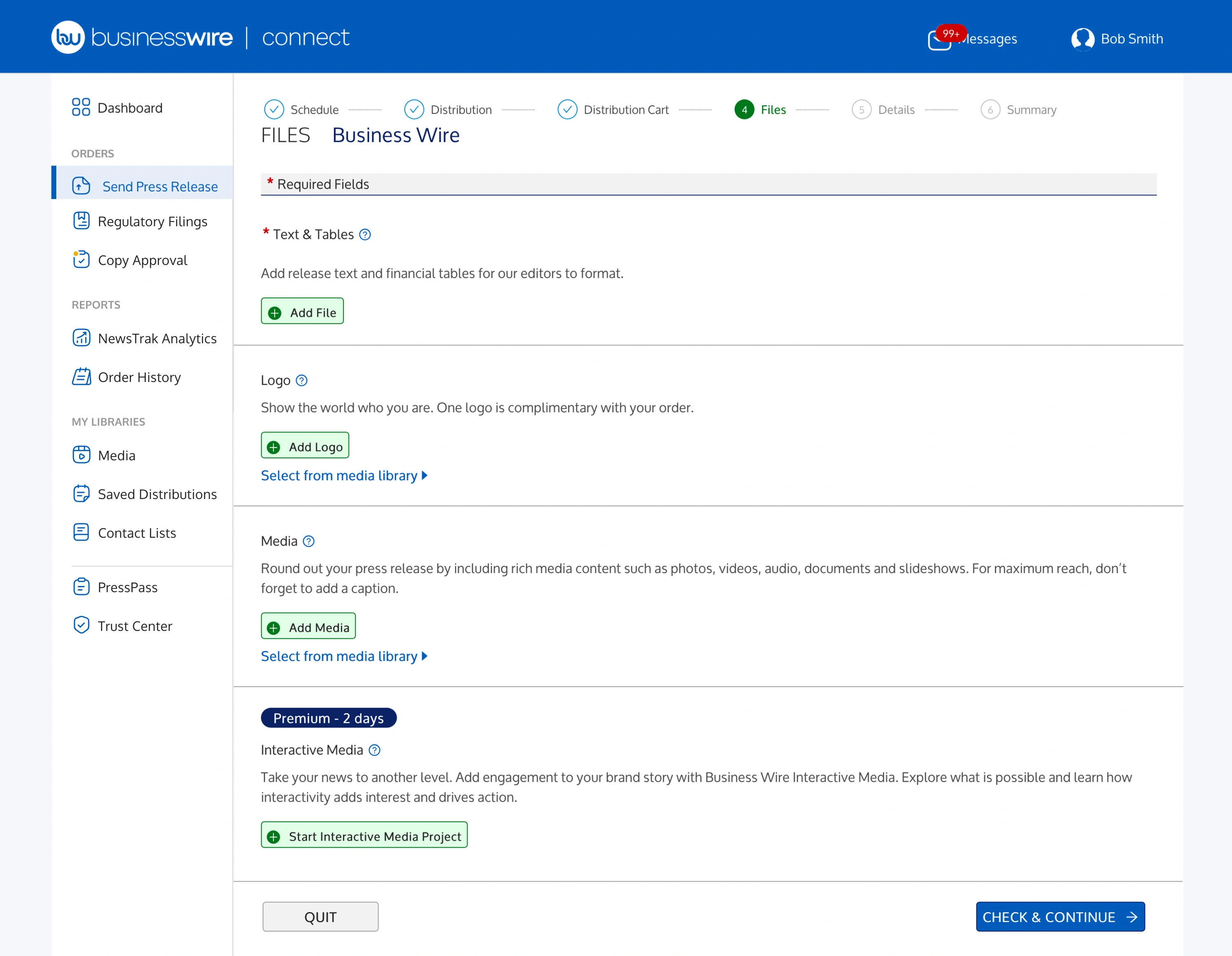 Screenshot of how to add documents, tables, and other media to your release in the Business Wire Connect application.