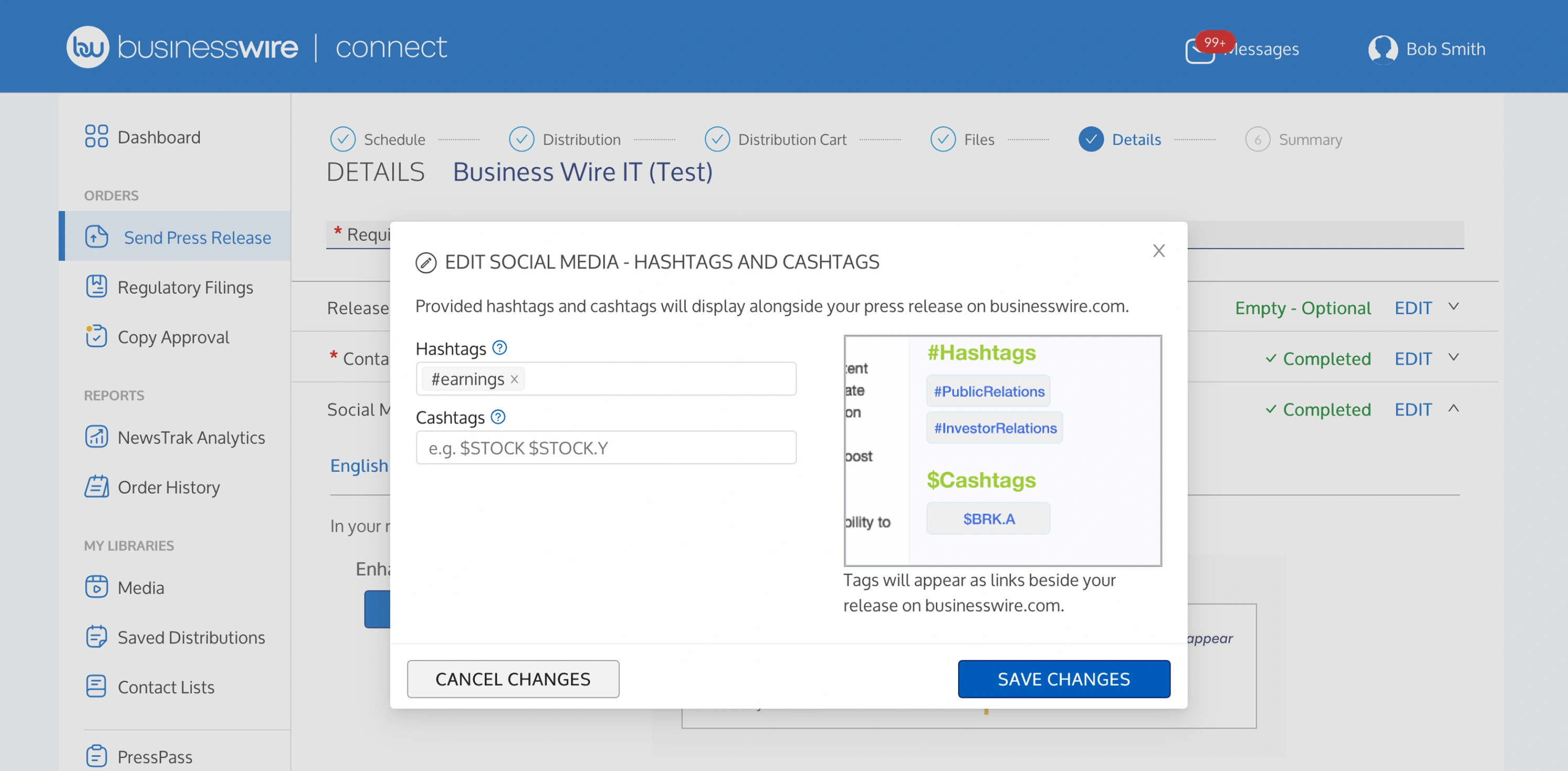 Screenshot of adding or editing hashtags and cashtags in the Business Wire Connect application.