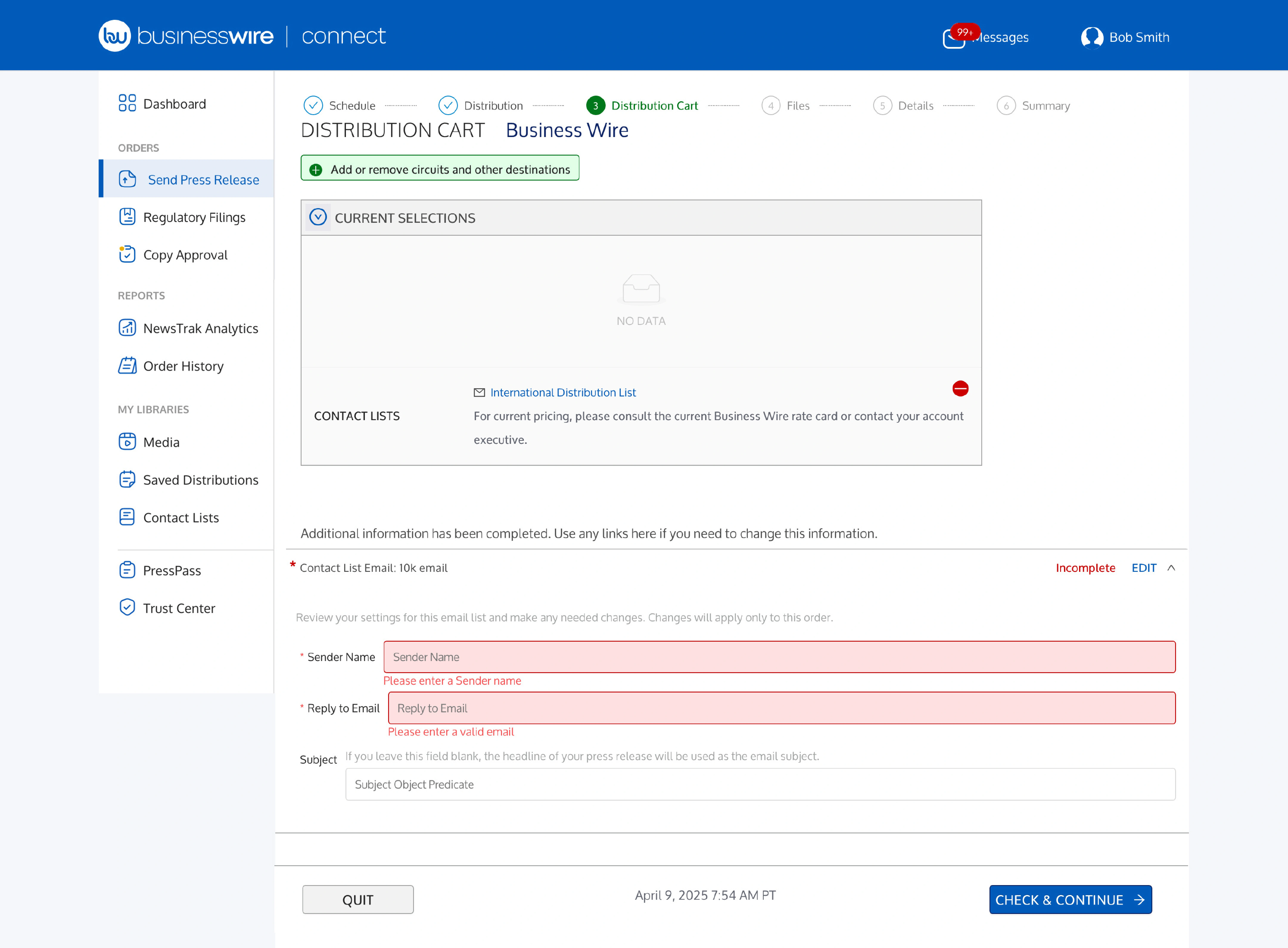 Screenshot of the Business Wire Connect distribution cart including errors if you do not choose a contact list.