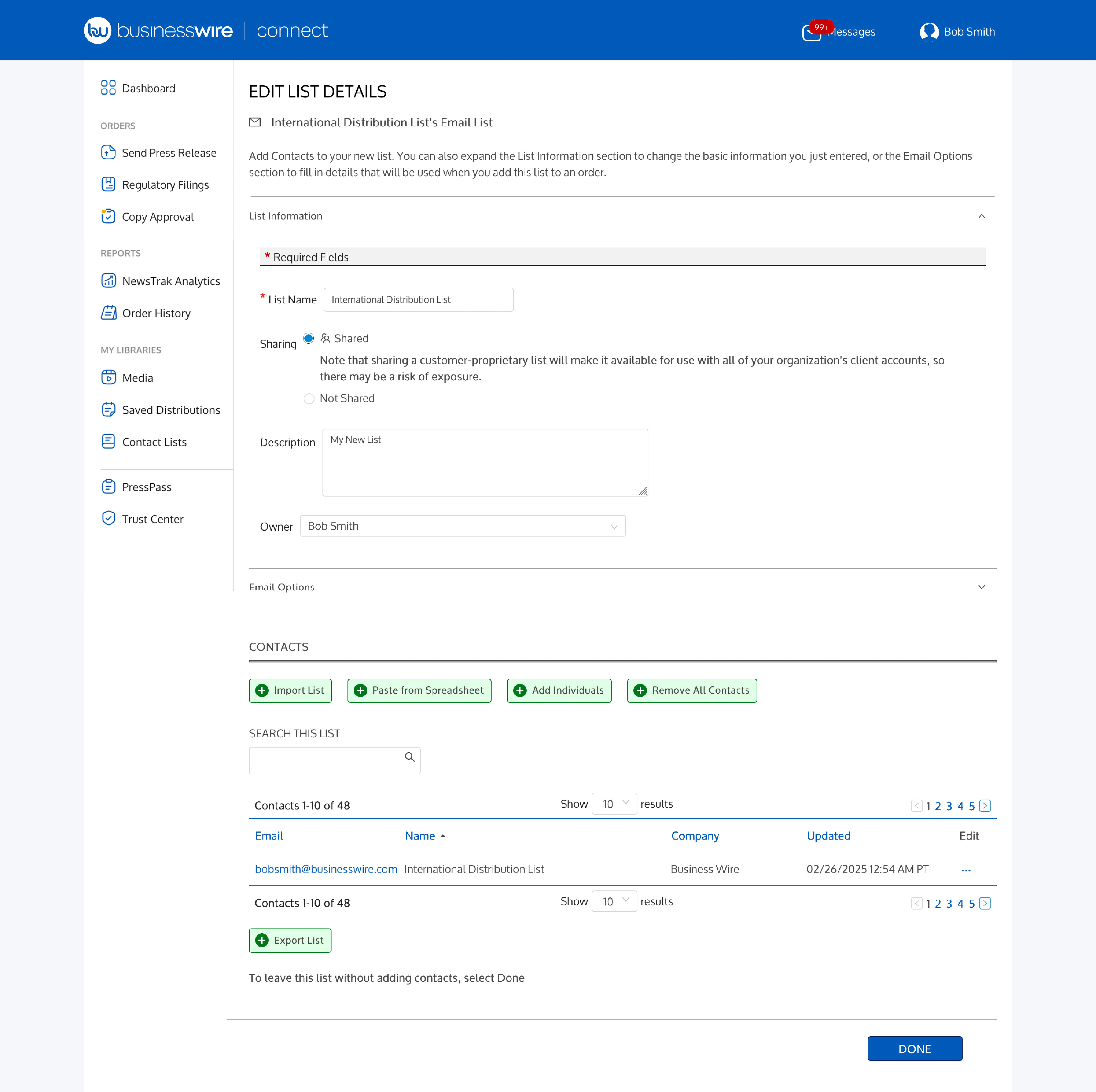 Screenshot of how to edit contact list details in Business Wire Connect.