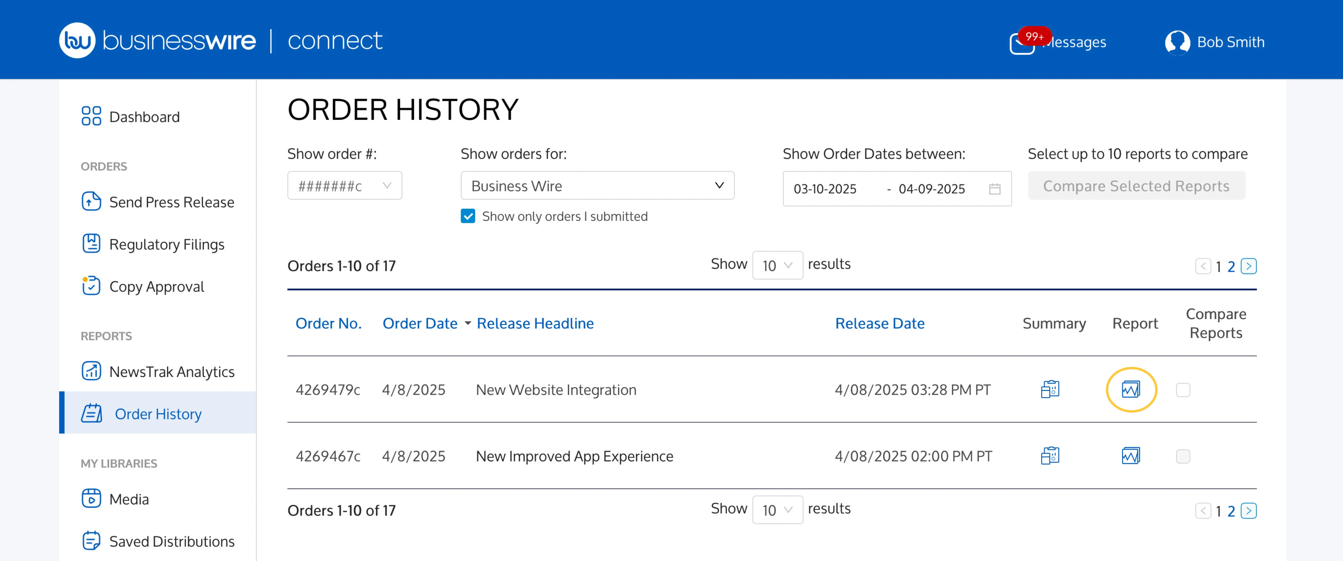 Screenshot of the Order History screen in Business Wire Connect with the View Report button highlighted
