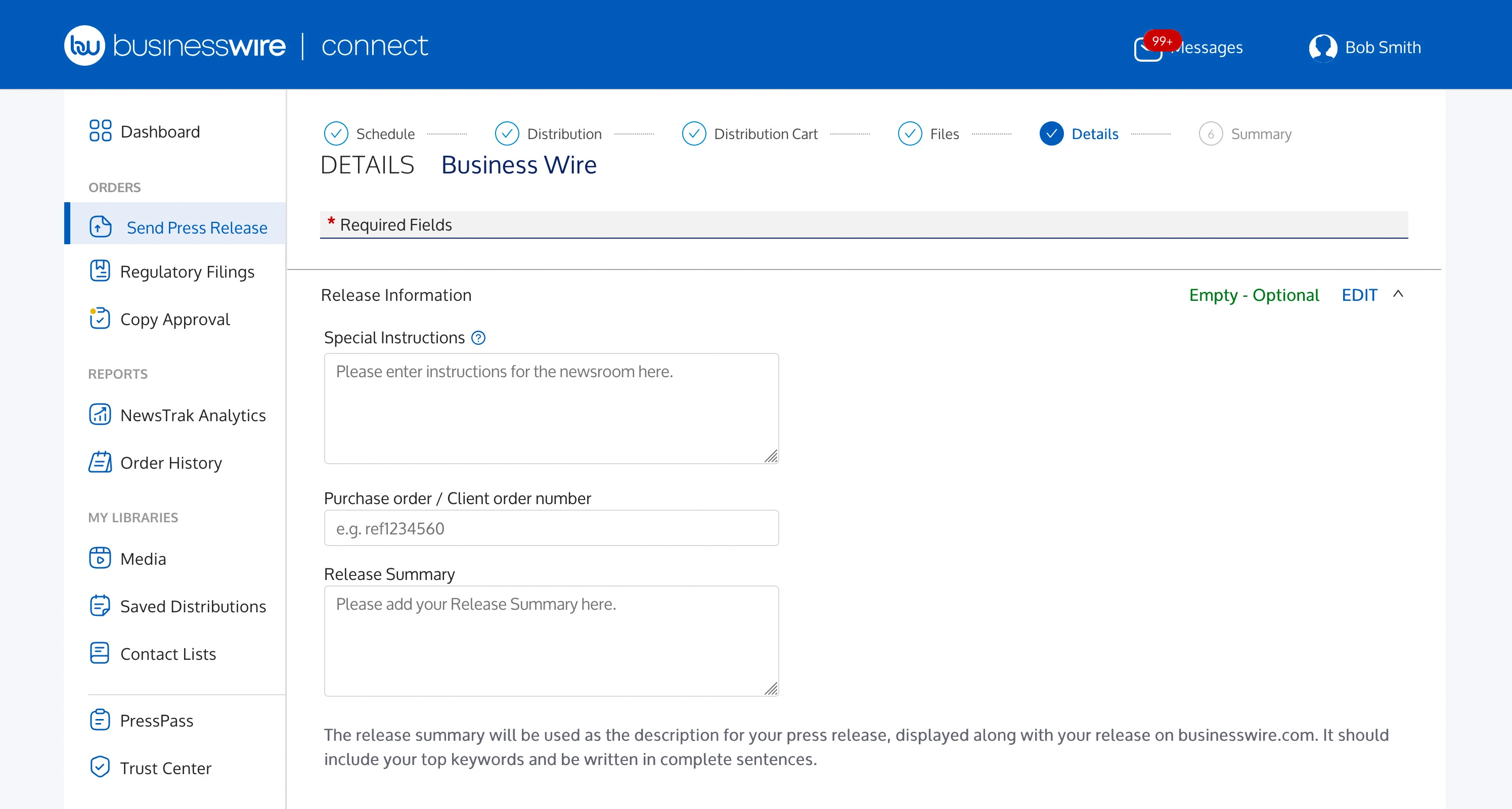 Screenshot of adding a summary or special instructions for your release in the Business Wire Connect application.