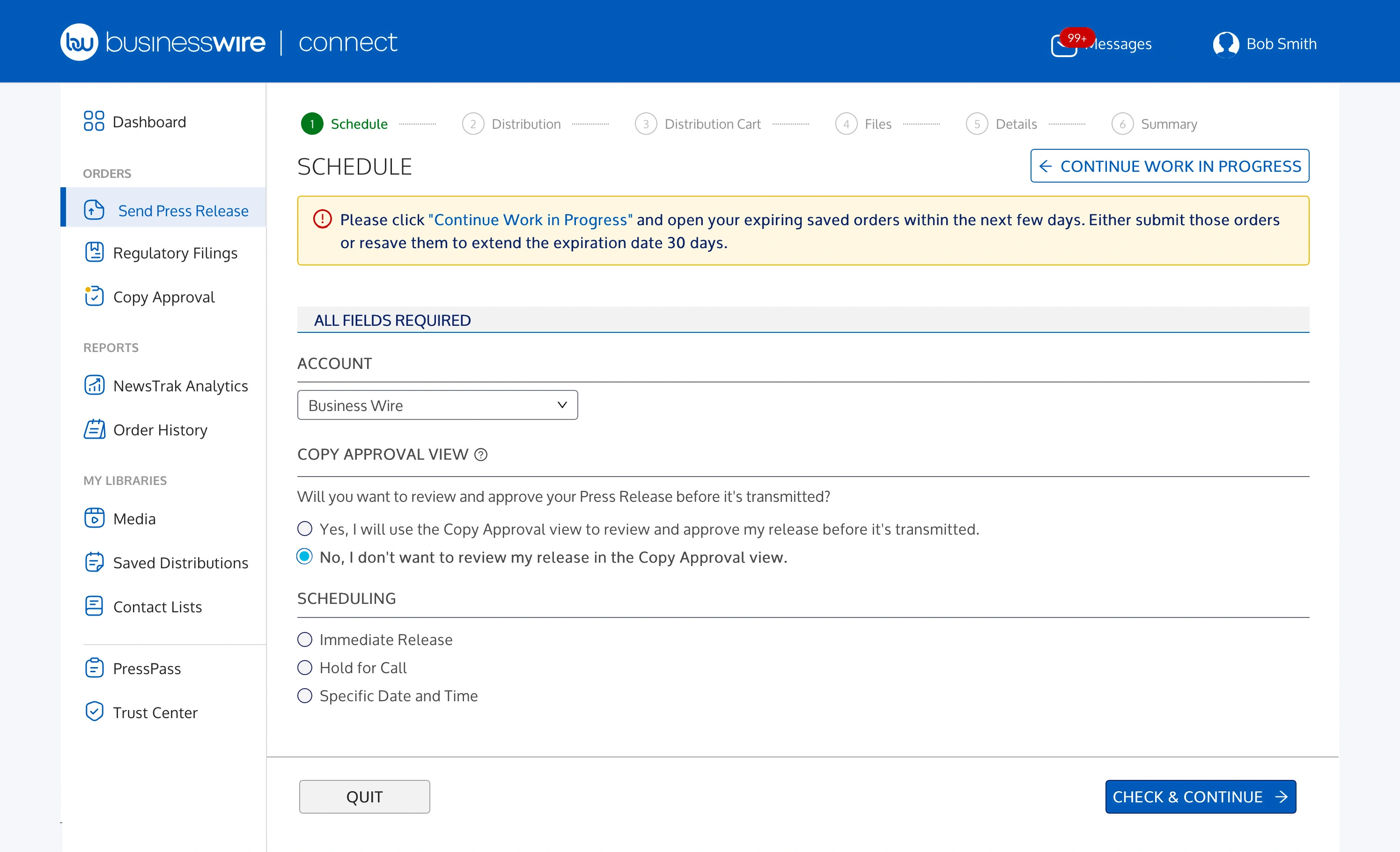 Screenshot of selecting the timing for your release distribution in the Business Wire Connect application.