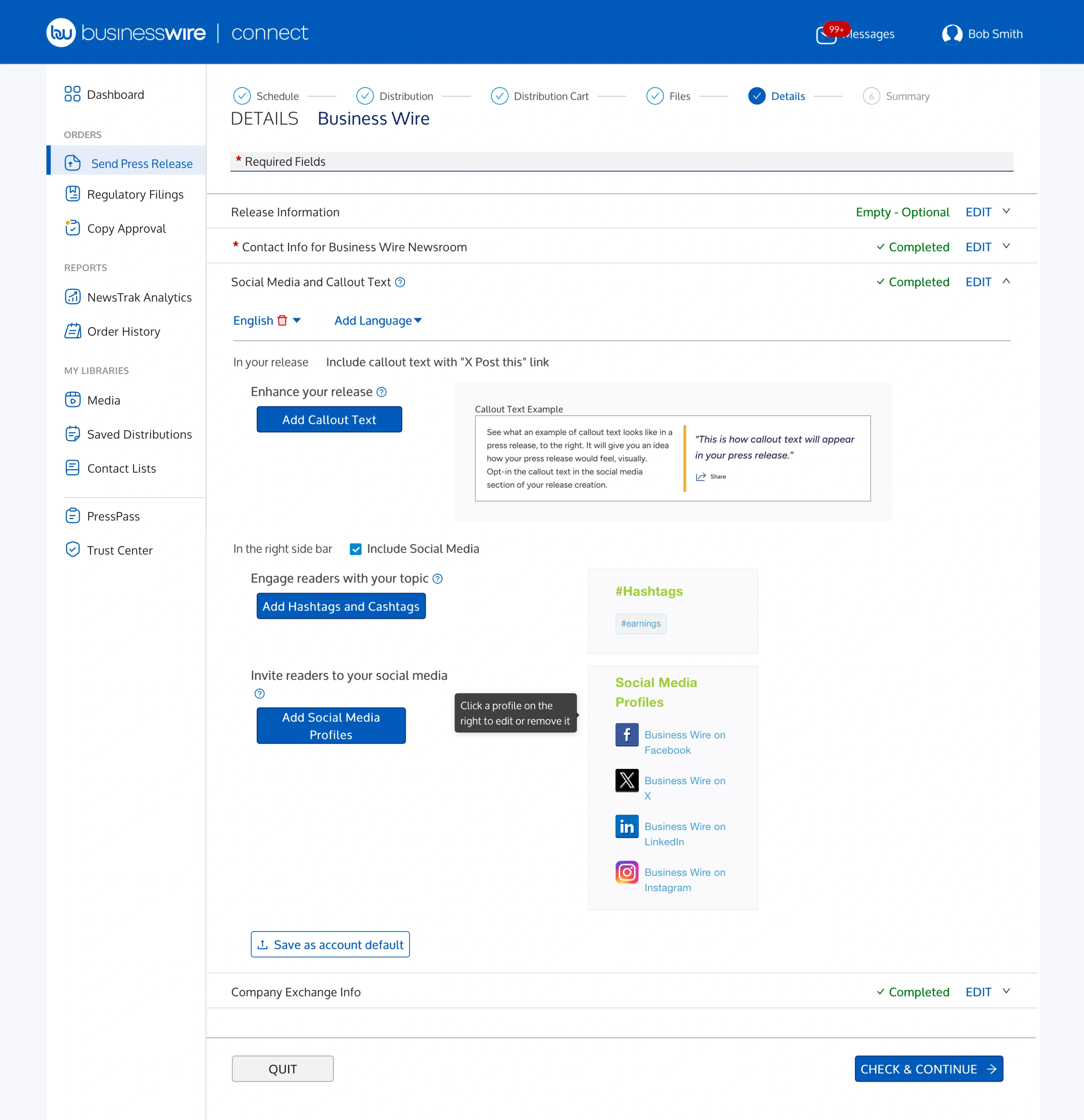 Screenshot of adding or editing callout text and social media information in the Business Wire Connect application.