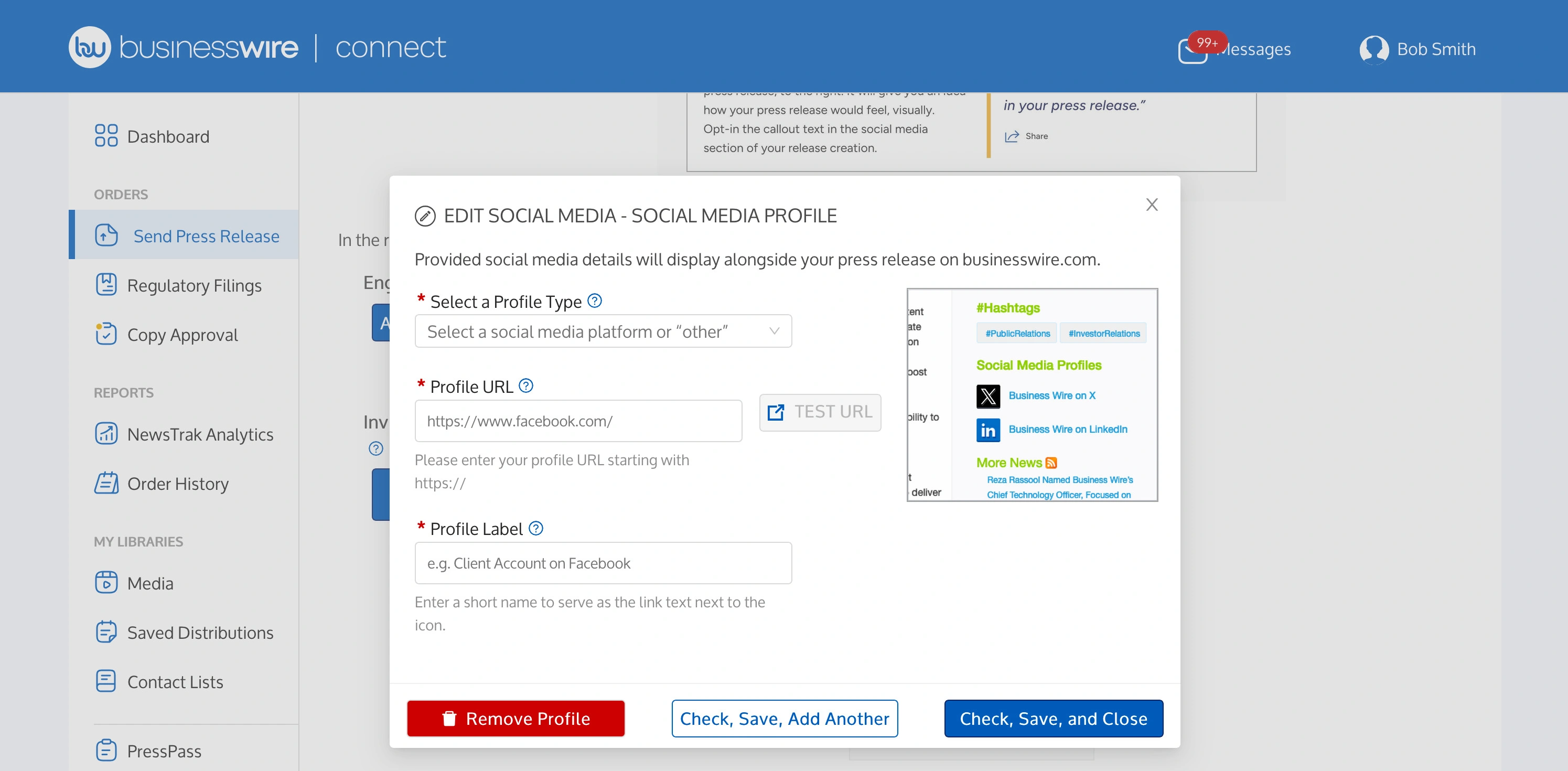 Screenshot of adding or editing social media profile links in the Business Wire Connect application.