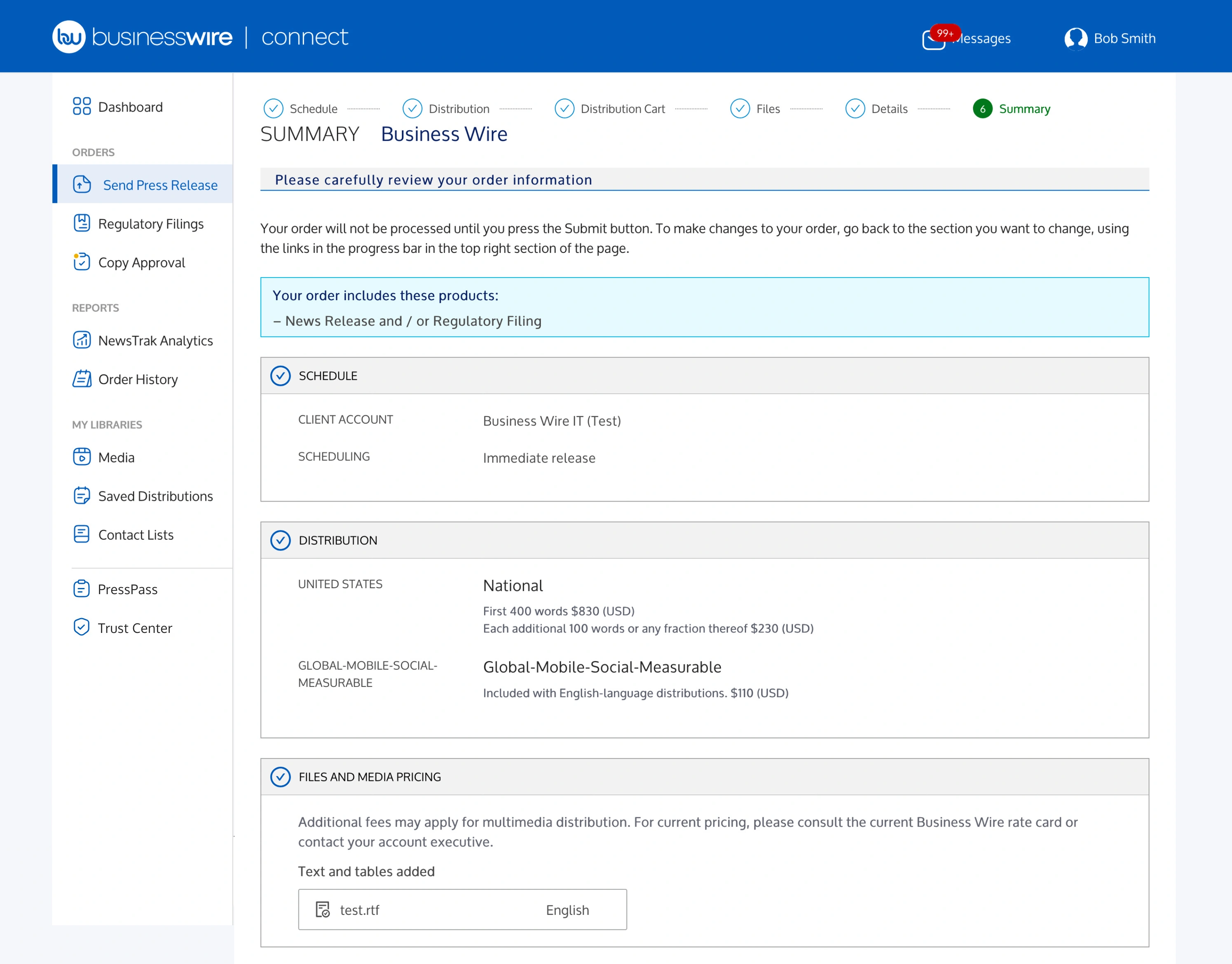 Screenshot of reviewing release details in the Business Wire Connect application.