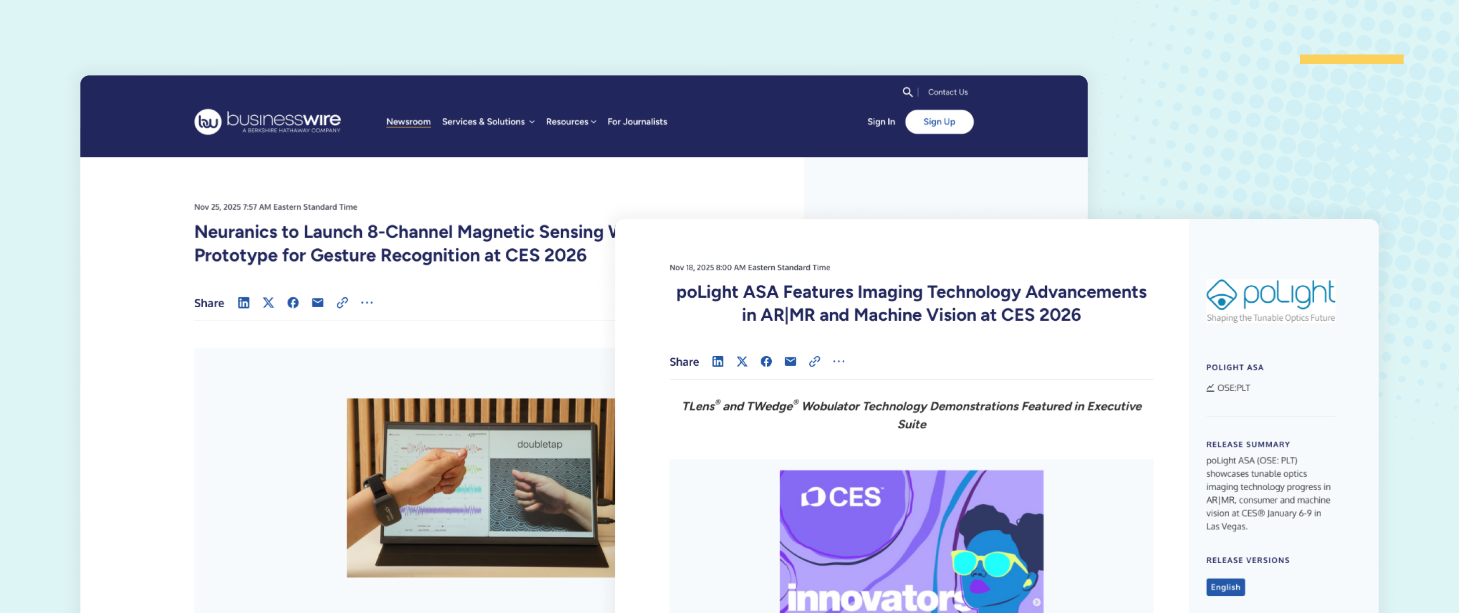 Example of Business Wire releases from Neuranics and poLight