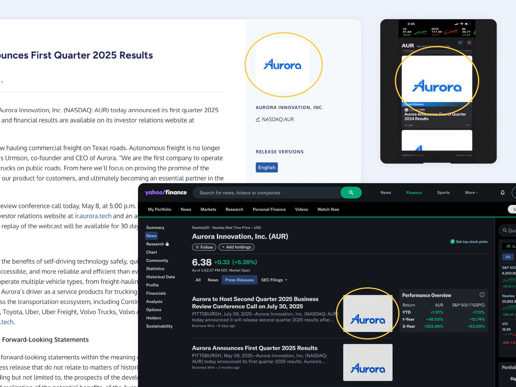 Example of a Business Wire release from Aurora that showcases how the free, full-color, linkable logo feature gets embedded across different platforms when users share releases