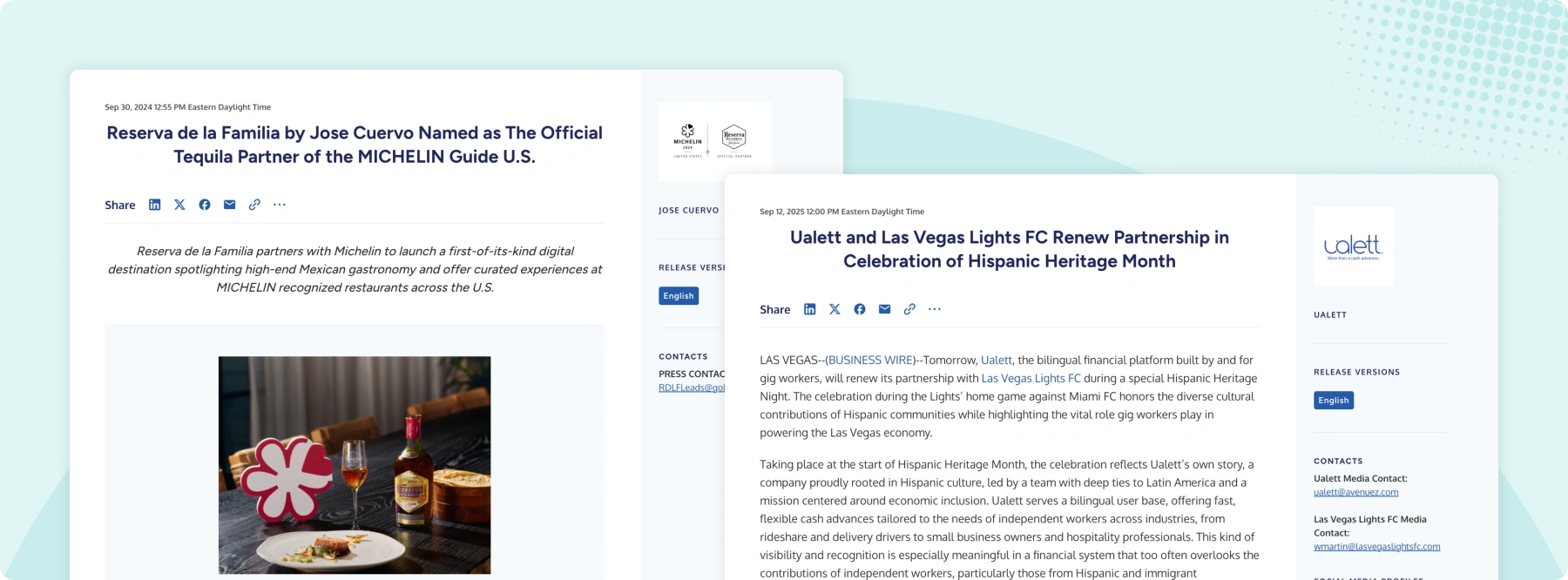 Examples of translated press releases from Business Wire customers, Ualette and Jose Cuervo