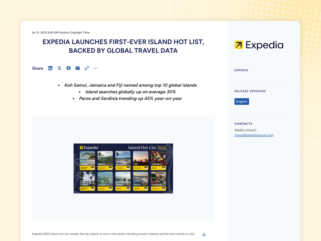 Example of an Expedia travel press release on BusinessWire.com