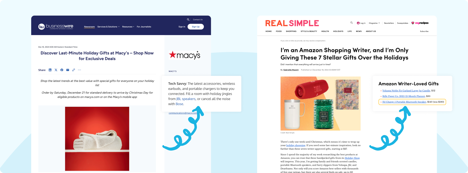 Example of Business Wire press release from Macy's that shows how journalists at Real Simple used their press release to inform their own gift guide.