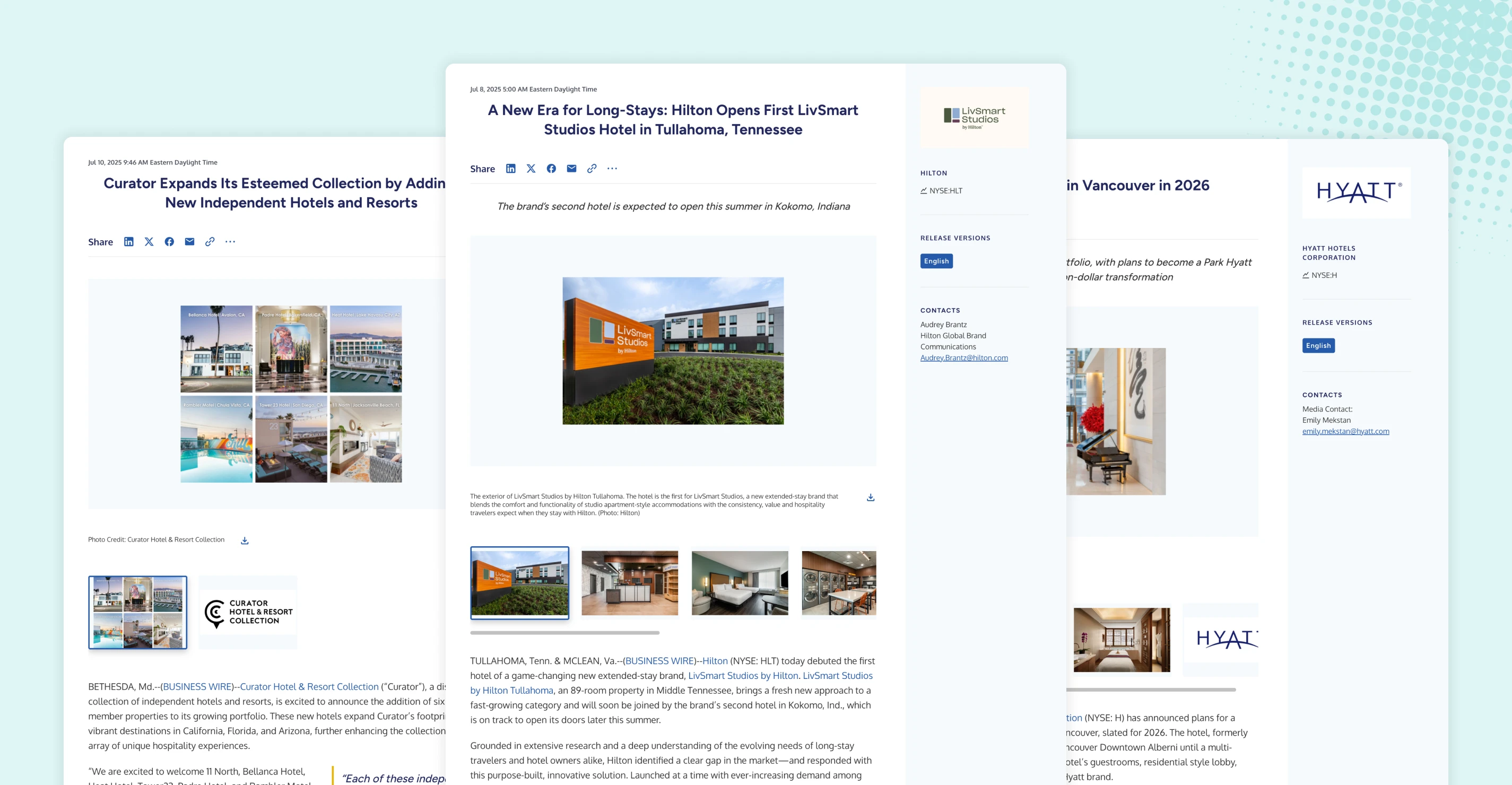 Example of Hilton, Park Hyatt, and Curator Hotel & Resort Collection travel releases on BusinessWire.com