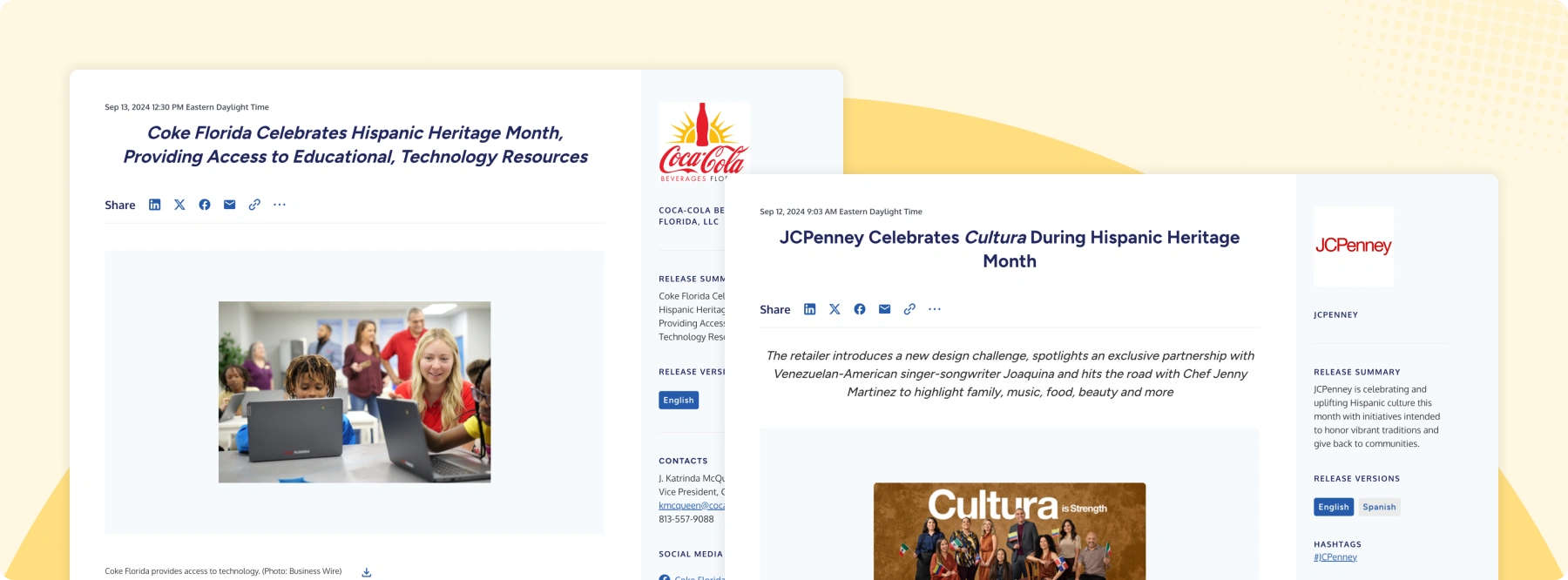 Examples of Hispanic Heritage Month press releases from Business Wire customers, Coca-Cola and JCPenney