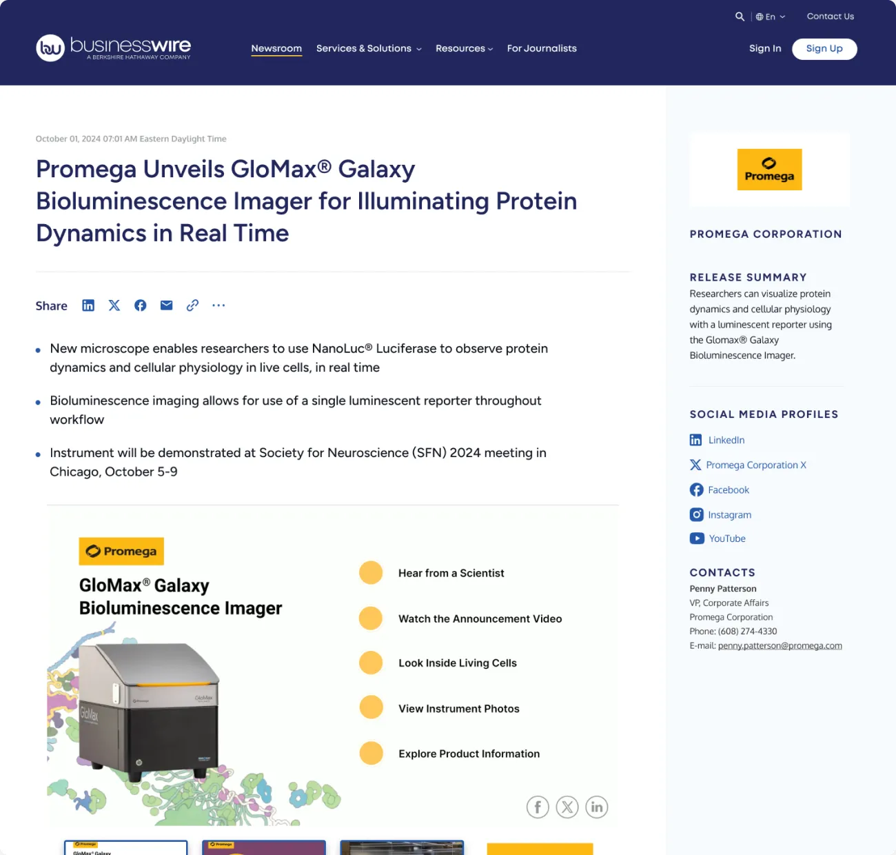 Example of a Business Wire Interactive Media release from Promega