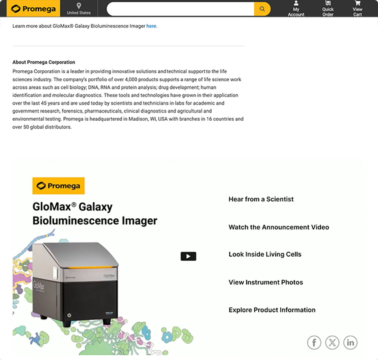 Example of a Business Wire Interactive Media embedded on Promega's website