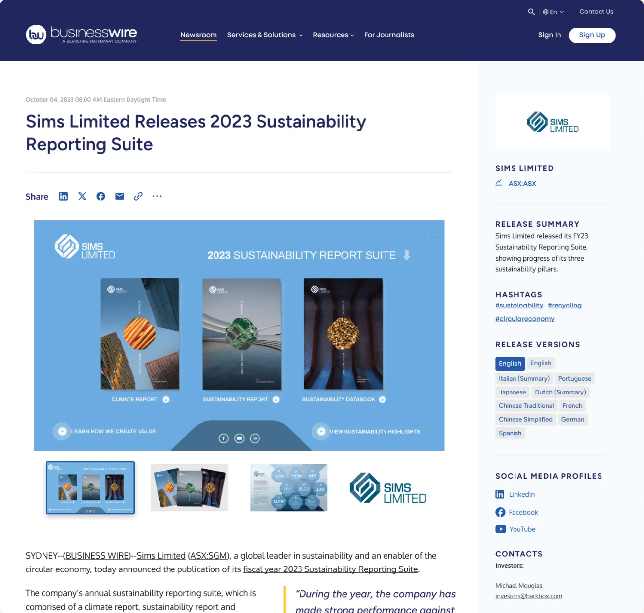 Example of a Business Wire Interactive Media release from Sims