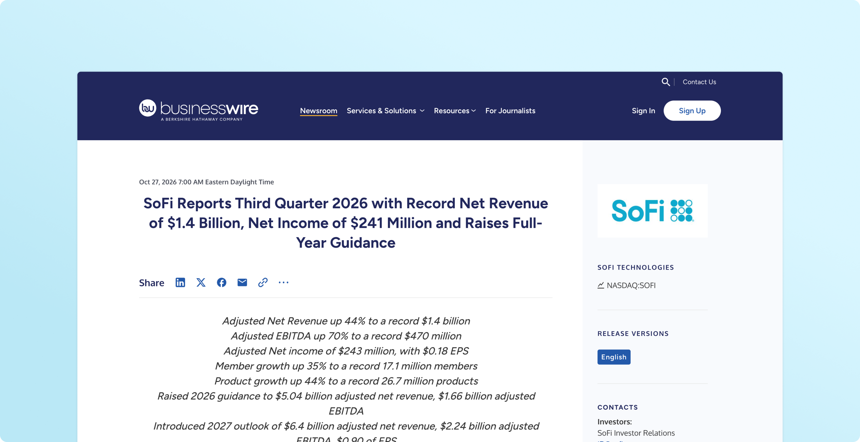 SoFi Reports Third Quarter 2026 with Record Net Revenue of $1.4 Billion, Net Income of $241 Million and Raises Full-Year Guidance