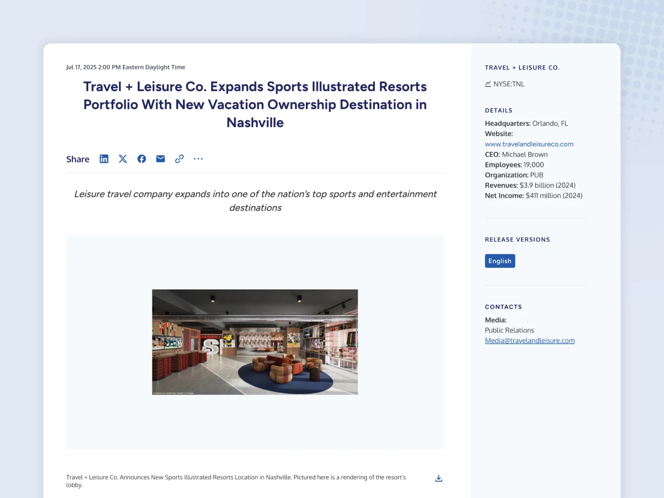 Example of a Travel + Liesure Co. travel release on BusinessWire.com